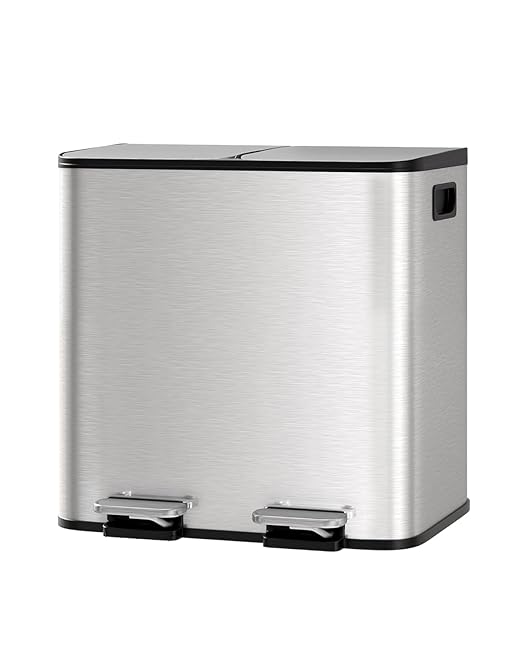 GarveeHome 2 x 4 gal Stainless Steel Double Trash Can with Lid for Kitchen, Large Dual Trash and Recycle Bin Combo, Step-on Kitchen Metal Garbage Cans, PP Inner Buckets, Liner Rim, Silver by GarveeHome