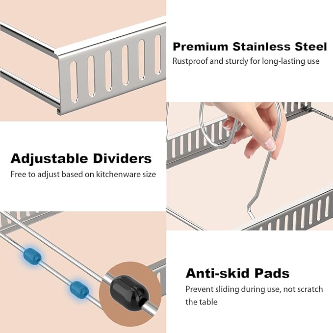 Housolution Pot and Pan Organizer Rack for Cabinet, Pot Lid Organizer with 7 Adjustable Dividers, Pan Holder Storage Rack for Kitchen Cabinet, Silver - Image 3