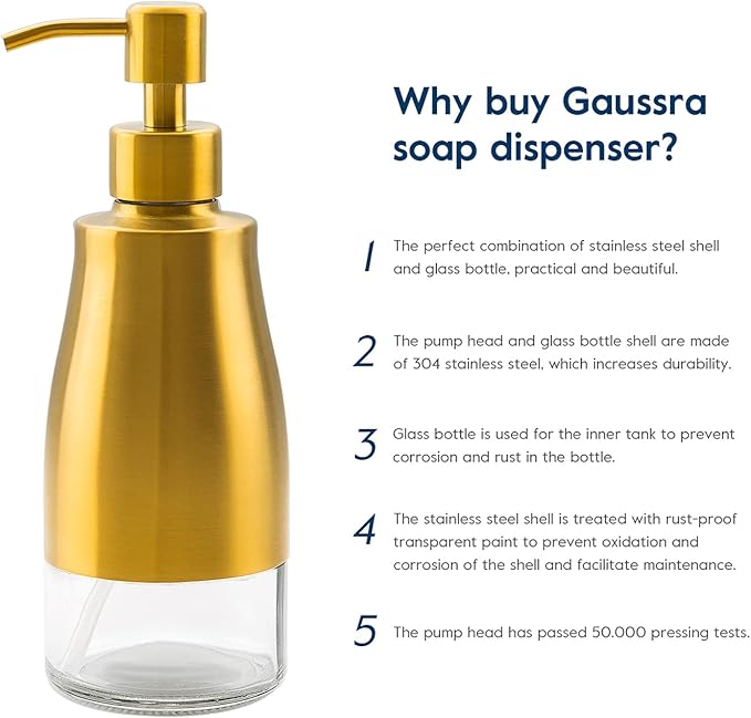 Gaussra Soap Dispenser with Coaster and Stickers, Brushed Gold Stainless Steel Glass Hand Pump Dispenser, Anti Rust Bottle, for Kitchen & Bathroom Detergent Bottle，Refillable Hand Liquid Dispenser - Image 7