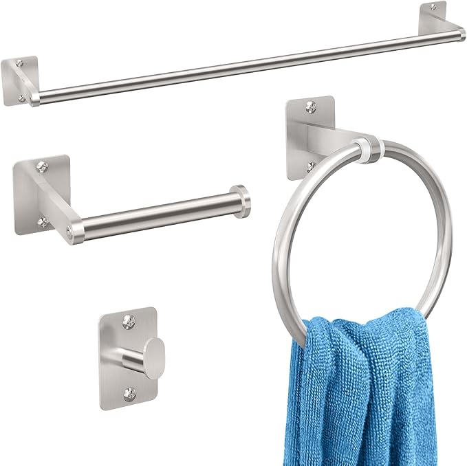Brushed Nickel Bathroom Accessories Set, KLJKPA 4 Pieces Bathroom Hardware Set, 24 inch Towel Bar, Towel Racks for Bathroom, Robe Towel Hooks, Toilet Paper Holder Wall Mounted by KLJKPA