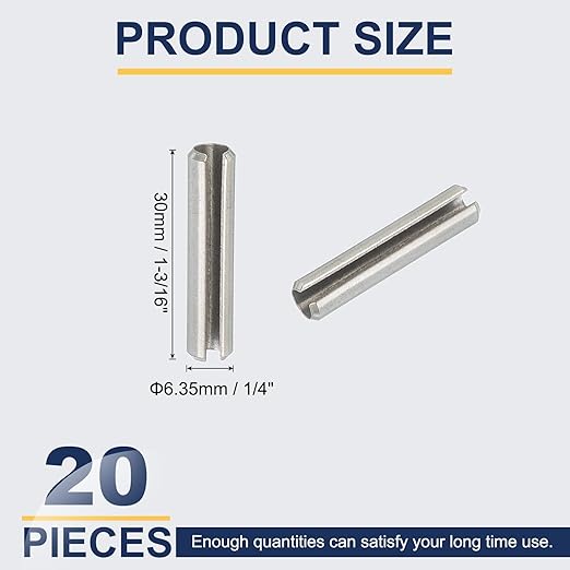 PATIKIL Slotted Spring Pin, 20 Pcs 1/4" x 1-3/16" (6.35mm x 30mm) 304 Stainless Steel Split Roll Pins Spring Dowel for Home Improvement Automotive Machine Repair, Silver