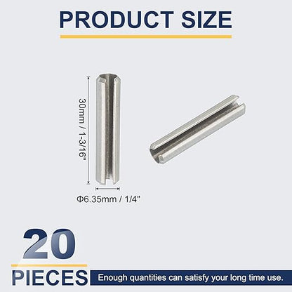 PATIKIL Slotted Spring Pin, 20 Pcs 1/4" x 1-3/16" (6.35mm x 30mm) 304 Stainless Steel Split Roll Pins Spring Dowel for Home Improvement Automotive Machine Repair, Silver