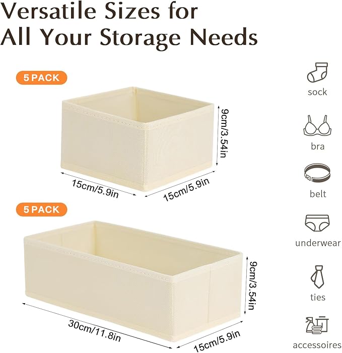 DIMJ Drawer Organizers Clothes, Set of 10 Dresser Organizer Bins, Fabric Closet Organizers and Storage, Shallow Drawer Dividers for Nursery, Clothing, Baby Clothes, Socks, Underwears, Tie (Beige) - Image 2