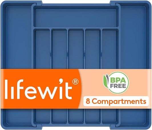 Lifewit Silverware Drawer Organizer, Expandable Utensil Tray for Kitchen, BPA Free Flatware and Cutlery Holder, Adjustable Plastic Storage for Spoons Forks Knives, 10.9"-17.5" x 13.7", Dark Blue by Lifewit