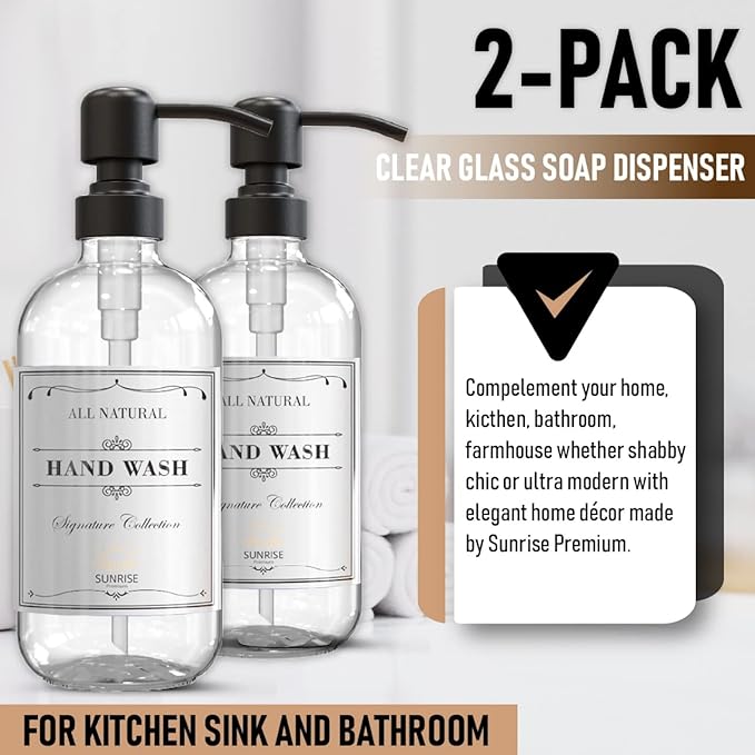 Sunrise Premium 2 Pack Clear Glass Soap Dispenser 16 OZ with Matte Black Stainless Steel Pump, Hand and Dish Soap Dispenser Set for Bathroom and Kitchen Sink with 6 Waterproof Labels - Image 4