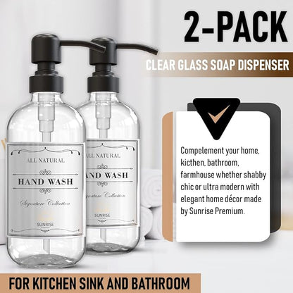 Sunrise Premium 2 Pack Clear Glass Soap Dispenser 16 OZ with Matte Black Stainless Steel Pump, Hand and Dish Soap Dispenser Set for Bathroom and Kitchen Sink with 6 Waterproof Labels - Image 4