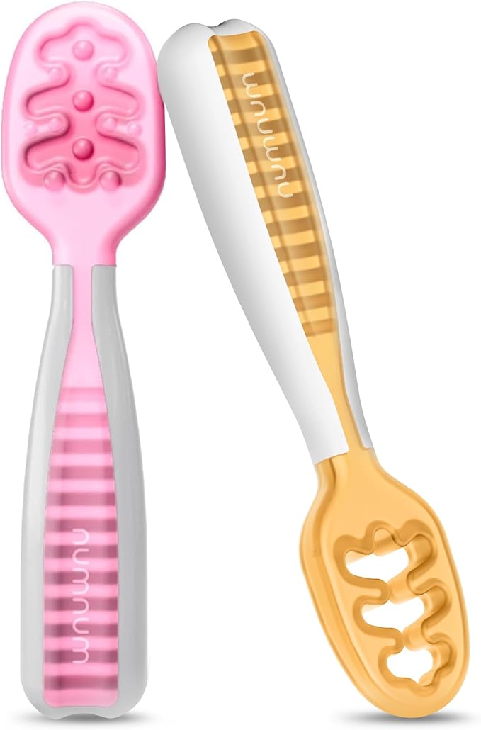NumNum Baby Spoons Set, Baby Essentials Pre-Spoon GOOtensils for 6+ Months, First Stage Self-Feeding Spoons for Baby Led Weaning (BLW), Silicone Toddler Utensils, BPA-Free, 2 Pack Pink/Orange by NumNum