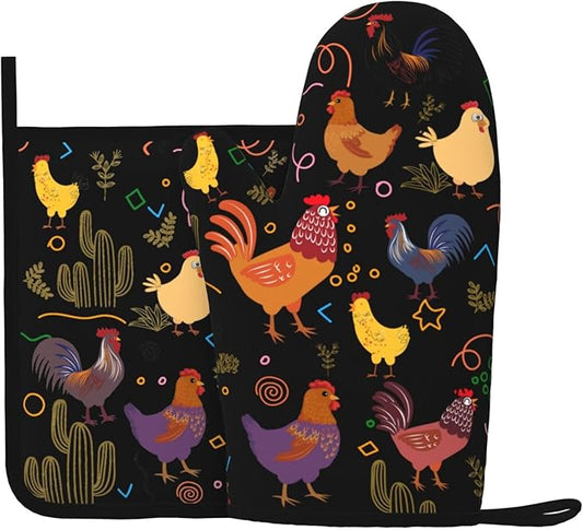 Chicken Silicone Oven Mitts Pan Mats Set of 2, Heat Resistant Gloves Potholder with Non-Slip Grips Hanging Loops Pot Holder, Spring Summer for Chef Cooking, Baking, Grilling, BBQ