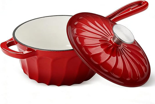 Enameled Cast Iron Sauce Pan, 2 Quart Enameled Saucepan with Lid, Small Cast Iron Pot for All Cooktops Making Pasta Sauce, Gravy, Puddings, Marinate, Boiling (Gradient Red)