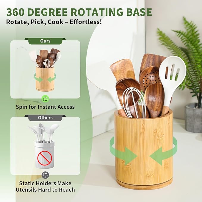 Wooden Utensil Holder, 360°Rotating 7.3'' Large Utensil Holder for Kitchen Counter, Kitchen Utensil Organizer, Utensil Crock, Farmhouse Kitchens Countertop Decor, Bamboo Wood - Image 3