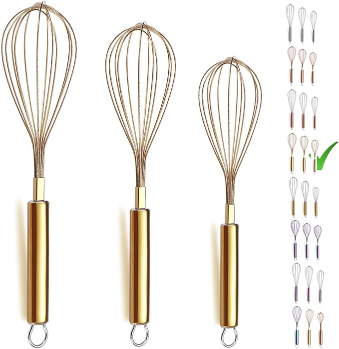 Berglander Gold Whisk Pack of 3 Stainless Steel 8",10",12", Titianium Plating Whisks for Cooking, Beater,Wire Whisk Set Kitchen Wisk (Gold) by Berglander