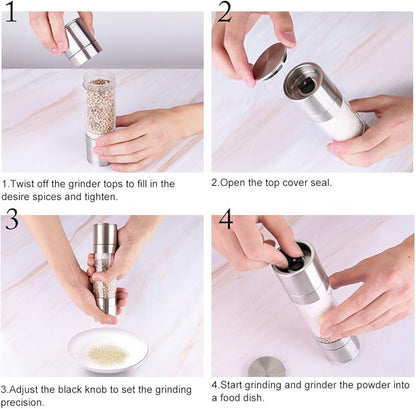 Mixoo Salt and Pepper Grinder - 2 in 1 Manual Stainless Steel Salt Pepper Mill Herb Spice Grinder Shakers Refillable with Adjustable Coarseness Ceramic Rotor and Dual Clear Acrylic Chamber - Image 6