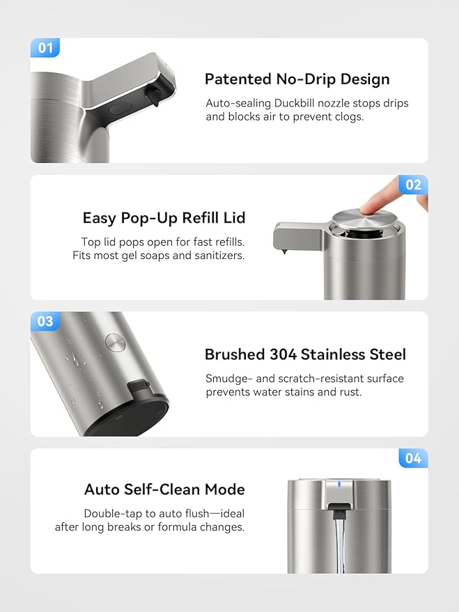 SUNLY Touchless Automatic Soap Dispenser – Clog-Free Pump, 0.2s Fast Sensor, USB-C Rechargeable, Smudge-Resistant Stainless Steel, for Kitchen & Bathroom Soap Dispenser - Image 6