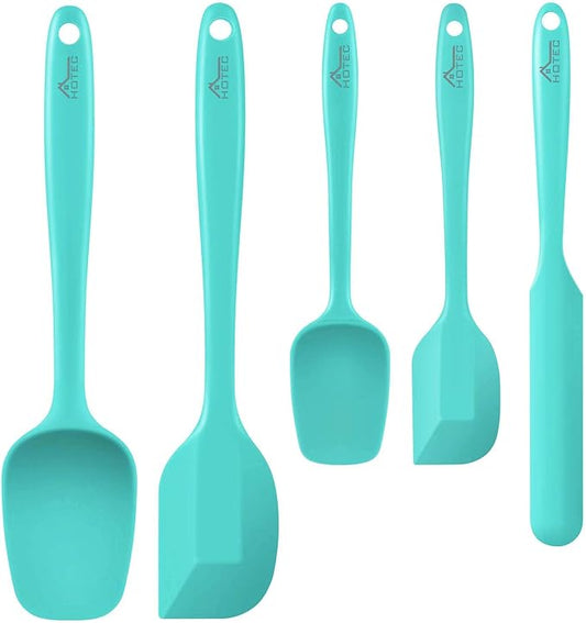 HOTEC 600℉ Heat Resistant BPA-Free Silicone Rubber Spatula Set,Kitchen Cooking Spatulas, Baking, Mixing for Non Stick Cookware, Dishwasher Safe, Set of 5 Aqua Sky by Hotec
