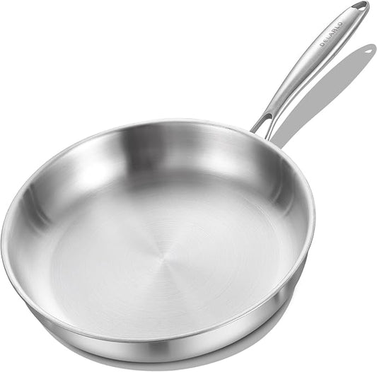 DELARLO Triply Stainless Steel Pan 8 Inch Frying pan, Induction Skillet Compatible Up to 600℉, Fast and Even Heat, Oven Broiler Safe, Small Skillet, Omelette, Small Pan for Eggs, Steak, Bacon