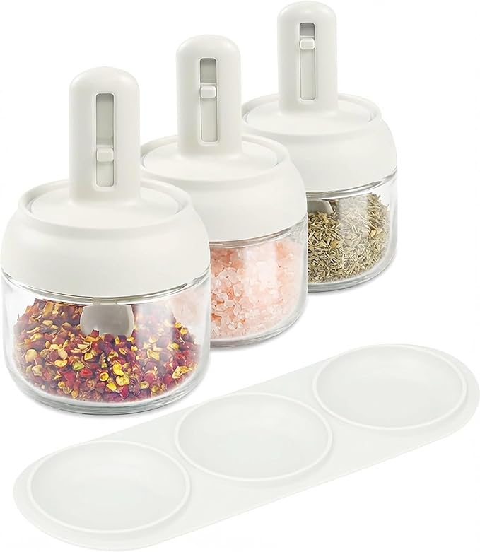 Povinmos® 3 Piece Glass Salt Container | Storage | Pepper,Table Salt, Sugar,Gourmet Salts,Spice |Chili Herbs |10 oz |Glass Salt Container with Lid and Retractable Spoon by Povinmos