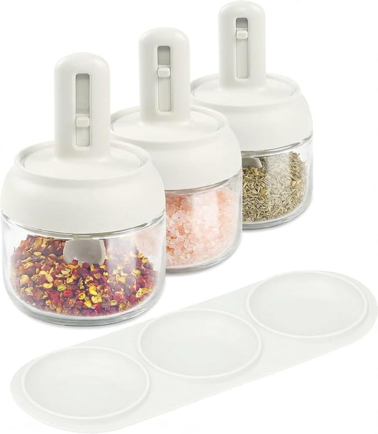 Povinmos® 3 Piece Glass Salt Container | Storage | Pepper,Table Salt, Sugar,Gourmet Salts,Spice |Chili Herbs |10 oz |Glass Salt Container with Lid and Retractable Spoon by Povinmos