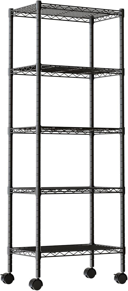 DUMOS 5-Tier Metal Wire Storage Shelves, Adjustable Standing Storage Rack Shelf with Wheels, Heavy Duty Steel Shelving Unit Organizers for Kitchen Bathroom Pantry Garage, 23.2"W×13.4"D×59.1"H, Black