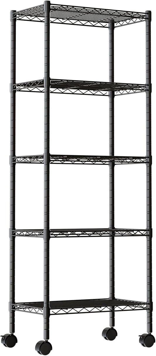 DUMOS 5-Tier Metal Wire Storage Shelves, Adjustable Standing Storage Rack Shelf with Wheels, Heavy Duty Steel Shelving Unit Organizers for Kitchen Bathroom Pantry Garage, 23.2"W×13.4"D×59.1"H, Black