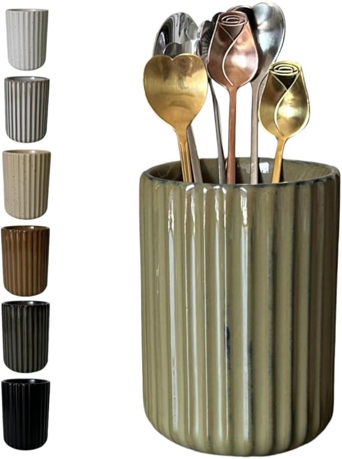 TOPYOKK Stoneware Coffee Bar Utensil Holder Tea & Coffee Spoon & Stirrer Holder for Stir Stick Straw Teaspoon Holder Spoon Cup Small Utensil Jar Fluted Vertical Stripe (Retro Green) by TOPYOKK
