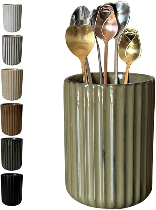 TOPYOKK Stoneware Coffee Bar Utensil Holder Tea & Coffee Spoon & Stirrer Holder for Stir Stick Straw Teaspoon Holder Spoon Cup Small Utensil Jar Fluted Vertical Stripe (Retro Green) by TOPYOKK