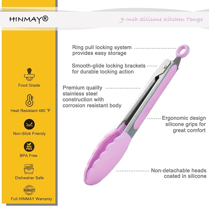 HINMAY Serving Tongs with Silicone Tips 9 Inches Stainless Steel Food Tongs, Set of 3 (Pink) - Image 2