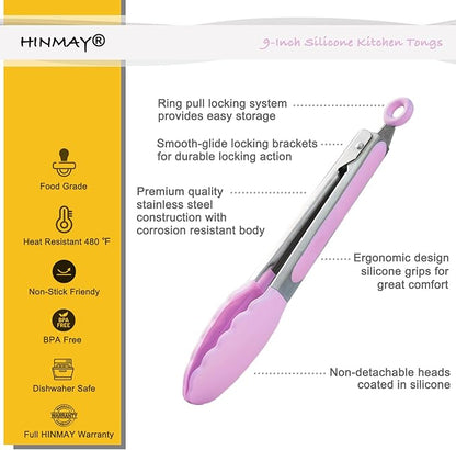 HINMAY Serving Tongs with Silicone Tips 9 Inches Stainless Steel Food Tongs, Set of 3 (Pink) - Image 2