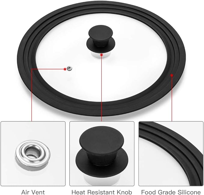 Universal Lid for Pots,Pans and Skillets - Tempered Glass with Heat Resistant Silicone Rim Fits 10.5", 11" and 12" Diameter Cookware,Black