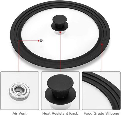 Universal Lid for Pots,Pans and Skillets - Tempered Glass with Heat Resistant Silicone Rim Fits 10.5", 11" and 12" Diameter Cookware,Black