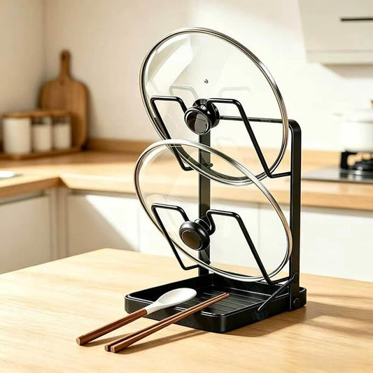 Pot Lids Organizer Rack for Cabinet and Countertop,304 Stainless Steel Kitchen Pot Lid Storage Rack,Pot Lid Holder while Cooking with Removable Tray & Spoon Rest,Waterproof & Rustproof