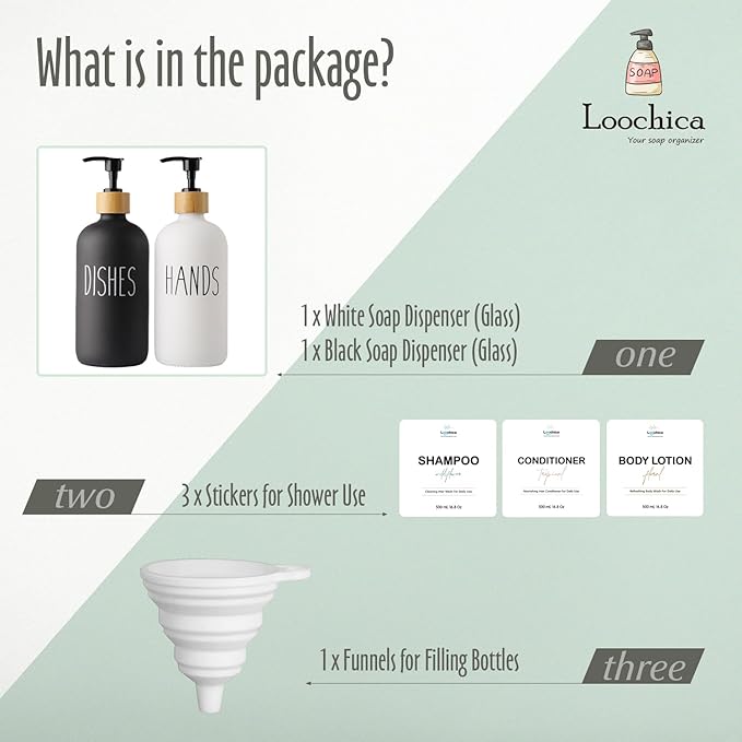LOOCHICA 2 Pack Glass Soap Dispenser Set, Hand and Dish Glass Soap Dispensers for Kitchen Sink, Kitchen Soap Dispenser Set Suitable for Black and White Kitchen Décor - Image 2