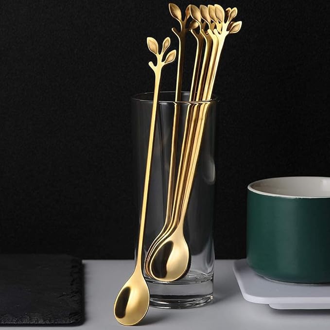 AnSaw 6-Piece Elegant Gold Leaf Long Handle Teaspoons - 7.4" Stainless Steel Stir Spoons for Coffee & Tea, Perfect for Mixing & Stirring - Image 4