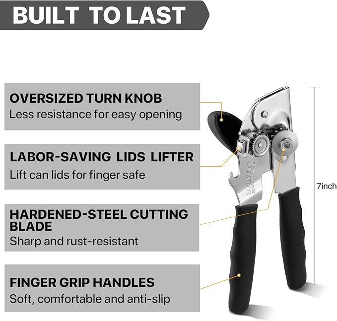 Can Opener Manual Heavy Duty, UHIYEE Hand Held Can Openers for Seniors with Comfort Grip Sharp Blade, Solid Steel Hand Manual Can Open with Magnet for Kitchen Camping, Black - Image 2