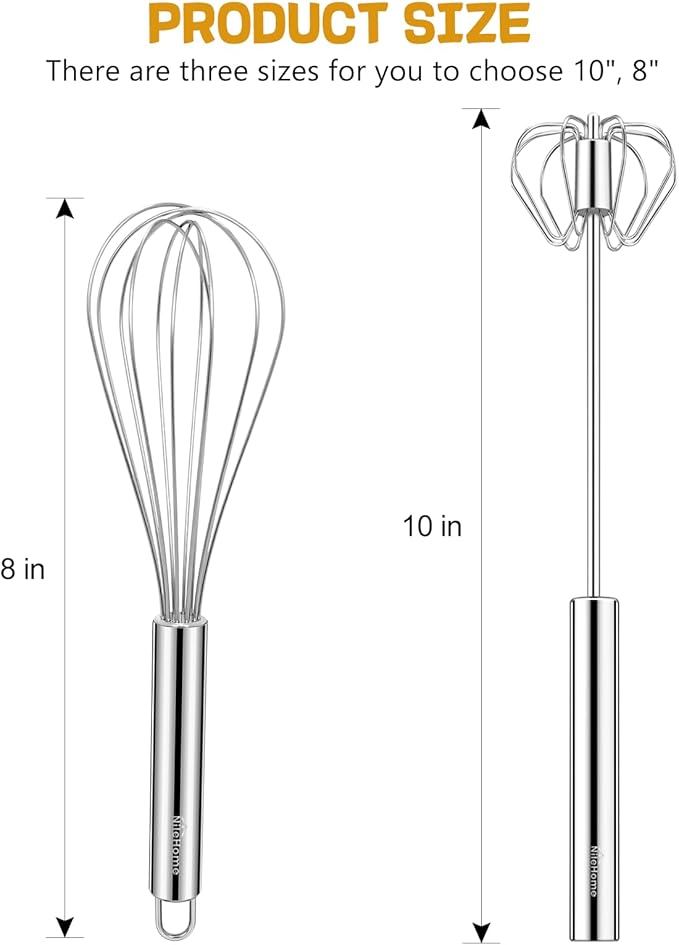 NileHome Stainless Steel Whisk 8" Hand Blender + 10" Semi-Automatic Rotary Kitchen Whisk Kitchen Wisk Wire Whisks for Cooking, Whisking, Blending, Beating, Stirring- 2 Pack... - Image 2