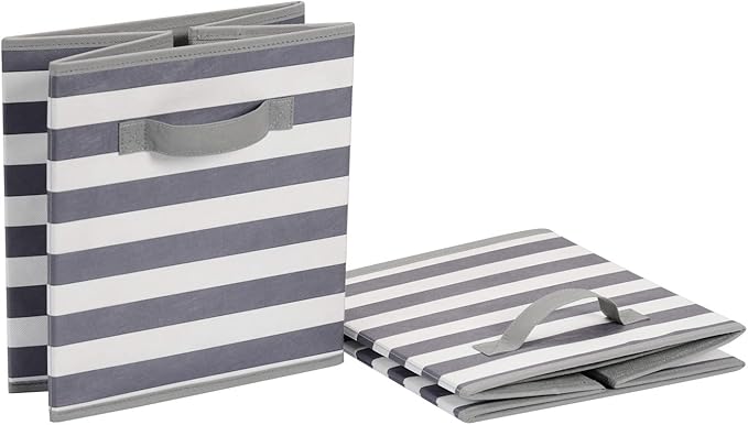 Amazon Basics Collapsible Fabric Storage Bins with Handles, Cube Organizer for Organizing, 13"x13"x13", White/Light Grey Stripe, 6-Pack - Image 4
