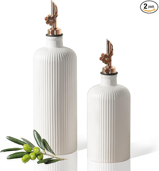 Dizada Olive Oil Dispenser Bottle Set of 2 (22 Oz + 14 Oz) - Porcelain Oil and Vinegar Bottles with Stainless Steel Spout, Ceramic Kitchen Cruet, Dishwasher Safe