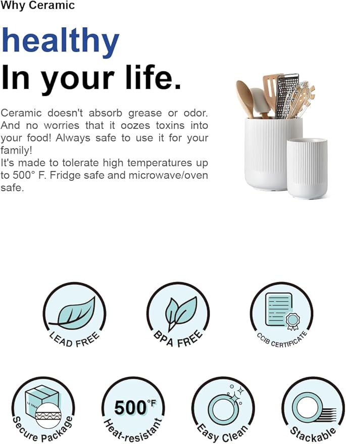 LE TAUCI Utensil Holder for Kitchen Counter, 7.3"+5.4" Fluted Ceramic Utensil Crock Organizer for Countertop, Heavy Large Holder for Spatulas, Spoons, Set of 2, White, Kitchen Counter Decor - Image 7