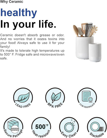 LE TAUCI Utensil Holder for Kitchen Counter, 7.3"+5.4" Fluted Ceramic Utensil Crock Organizer for Countertop, Heavy Large Holder for Spatulas, Spoons, Set of 2, White, Kitchen Counter Decor - Image 7