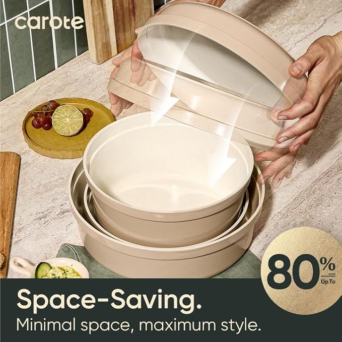 CAROTE 18 Pcs Ceramic Cookware Set Titanium Nonstick with Detachable Handles, Non Toxic Cookware, Pots and Pans Set Non Stick Removable Handles, Induction Available, Kitchen Cooking, Dishwasher Safe - Image 3