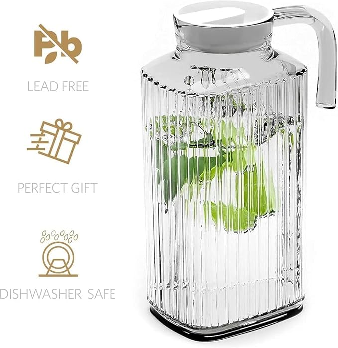 Fridge Pitcher Set of 2– 60 OZ. Glass Water Pitcher with Lid By Home Essentials & Beyond Practical and Easy to use. Great for Lemonade, Iced Tea, Milk, Cocktails and more Beverages.