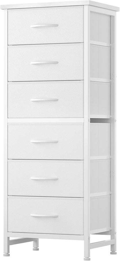Sweetcrispy Tall Fabric Dresser for Bedroom, 6 Drawer Skinny Chest of Drawers, Narrow Storage Tower with Wood Top and Metal Frame, Vertical Nightstand for Closet, Bedroom Organization Furniture, White