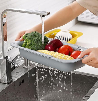 NIWWIN Collapsible Kitchen Colander Strainer, Expandable Over the Sink Colander for Kitchen, Adjustable Silicone Portable Sink Strainer, Foldable Wash Fruits Vegetables Noodle Basket (White)