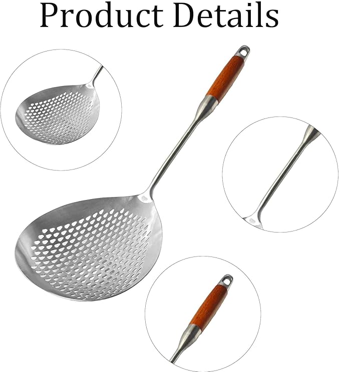 Stainless Steel Skimmer Slotted Spoon, Spider Strainer Ladle with Long Handle for Cooking, Draining Pasta, Deep Frying(Wooden Handle)