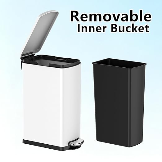 Garvee Slim Kitchen Trash Can 8 Gal, Skinny Stainless Steel Garbage Can with Removable Inner Bucket & Soft Close Lid, Narrow Trash Bin for Bathroom Living Room Office, White