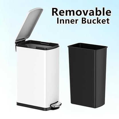 Garvee Slim Kitchen Trash Can 8 Gal, Skinny Stainless Steel Garbage Can with Removable Inner Bucket & Soft Close Lid, Narrow Trash Bin for Bathroom Living Room Office, White