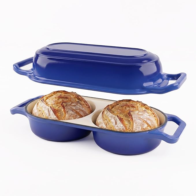 Double Dutch Oven Pot with Lid, Enameled Cast Iron Bread Loaf Pan, Dutch Oven For Sourdough Bread Baking, 500°F Oven Safe Non Stick Dual Round Bread Pan, 16.5cm Diameter Loaf Pans, Blue