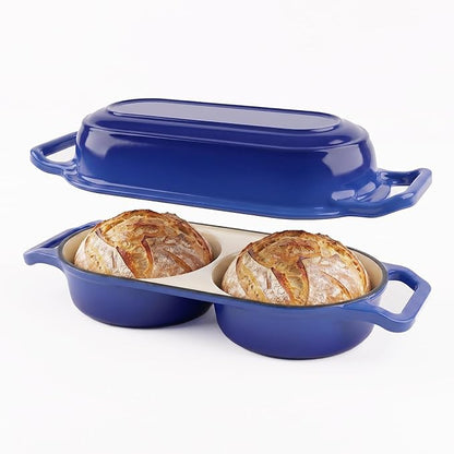 Double Dutch Oven Pot with Lid, Enameled Cast Iron Bread Loaf Pan, Dutch Oven For Sourdough Bread Baking, 500°F Oven Safe Non Stick Dual Round Bread Pan, 16.5cm Diameter Loaf Pans, Blue