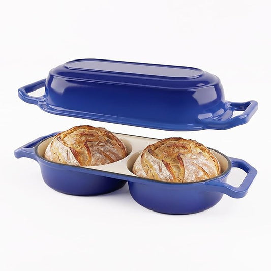 Double Dutch Oven Pot with Lid, Enameled Cast Iron Bread Loaf Pan, Dutch Oven For Sourdough Bread Baking, 500°F Oven Safe Non Stick Dual Round Bread Pan, 16.5cm Diameter Loaf Pans, Blue
