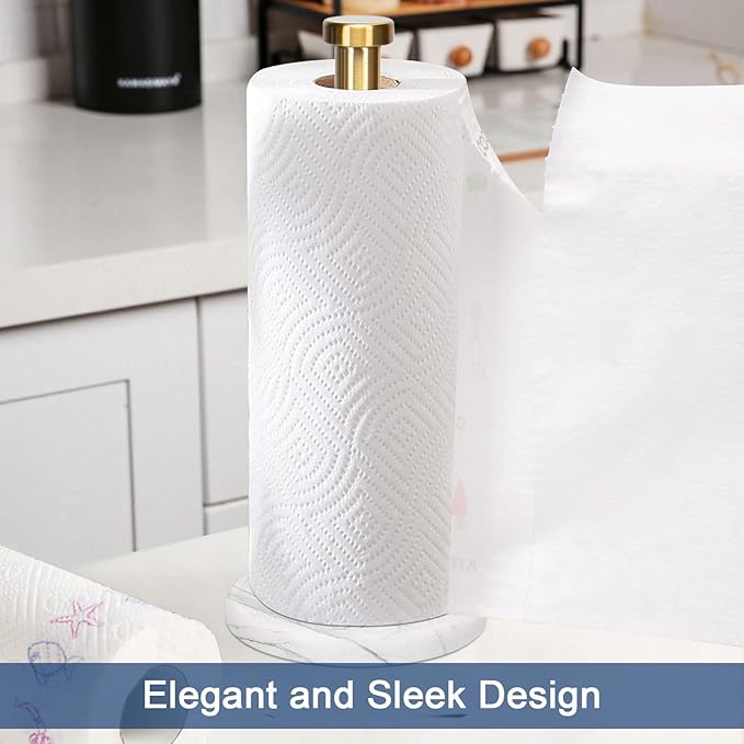 NearMoon Standing Paper Towel Holder, Kitchen Paper Towel Tissue Holder- for Bathroom Kitchen Countertop, Standard or Jumbo-Sized Roll Paper (with Marble Base, Brushed Gold) - Image 2