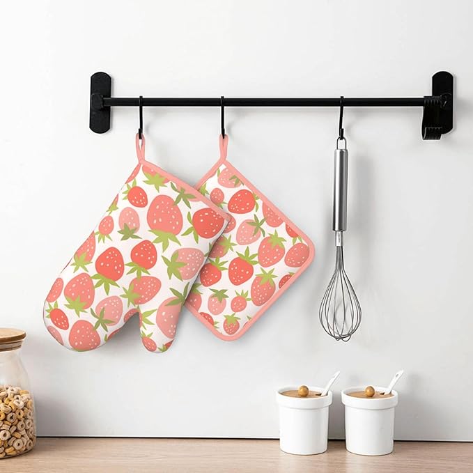Strawberry Silicone Oven Mitts Pan Mats Set of 2, Heat Resistant Gloves Potholder with Non-Slip Grips Hanging Loops Pot Holder, Spring Summer for Chef Cooking, Baking, Grilling, BBQ